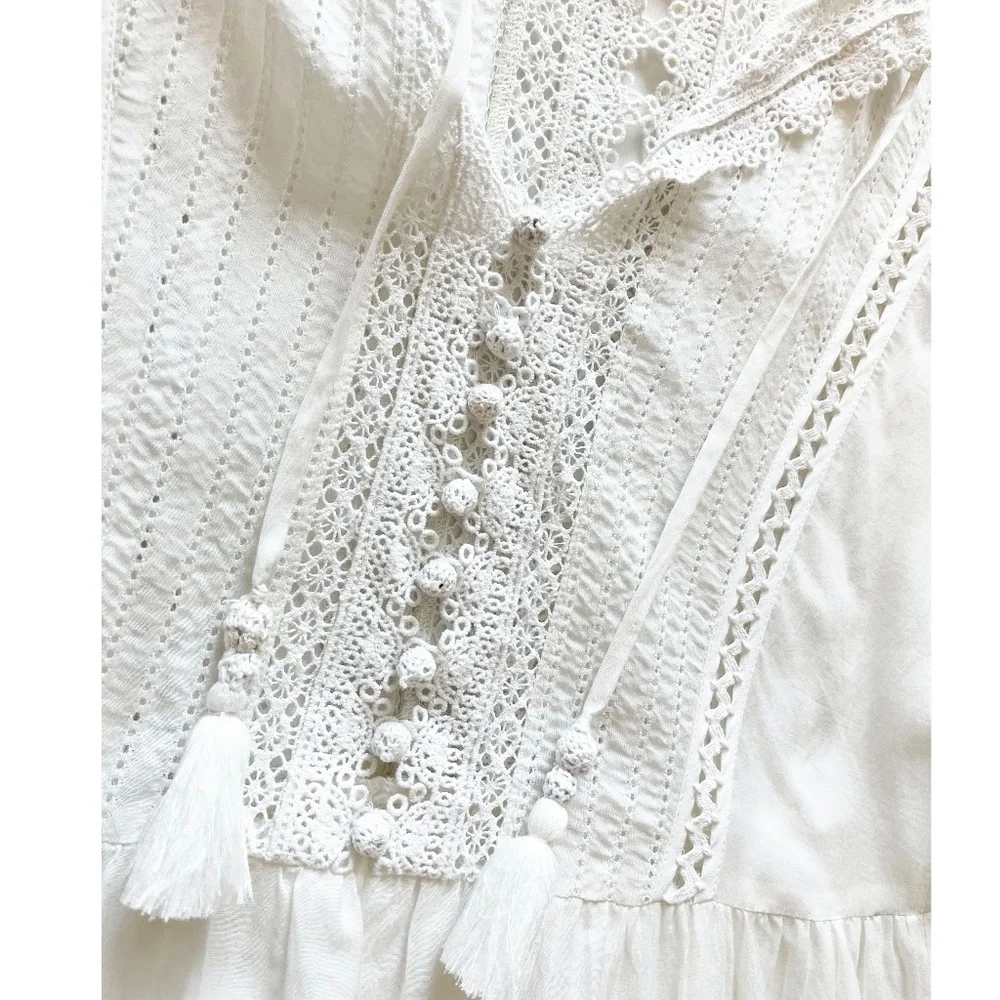 Sea New York Tie Neck Mini Dress White Size 4 Ruffle, Pom-Pom & Tassel Accents - Picture 4 of 14